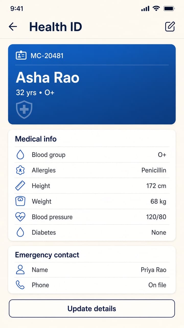 MediCare+ Health ID with blood group, allergies, and emergency contact entered as fields