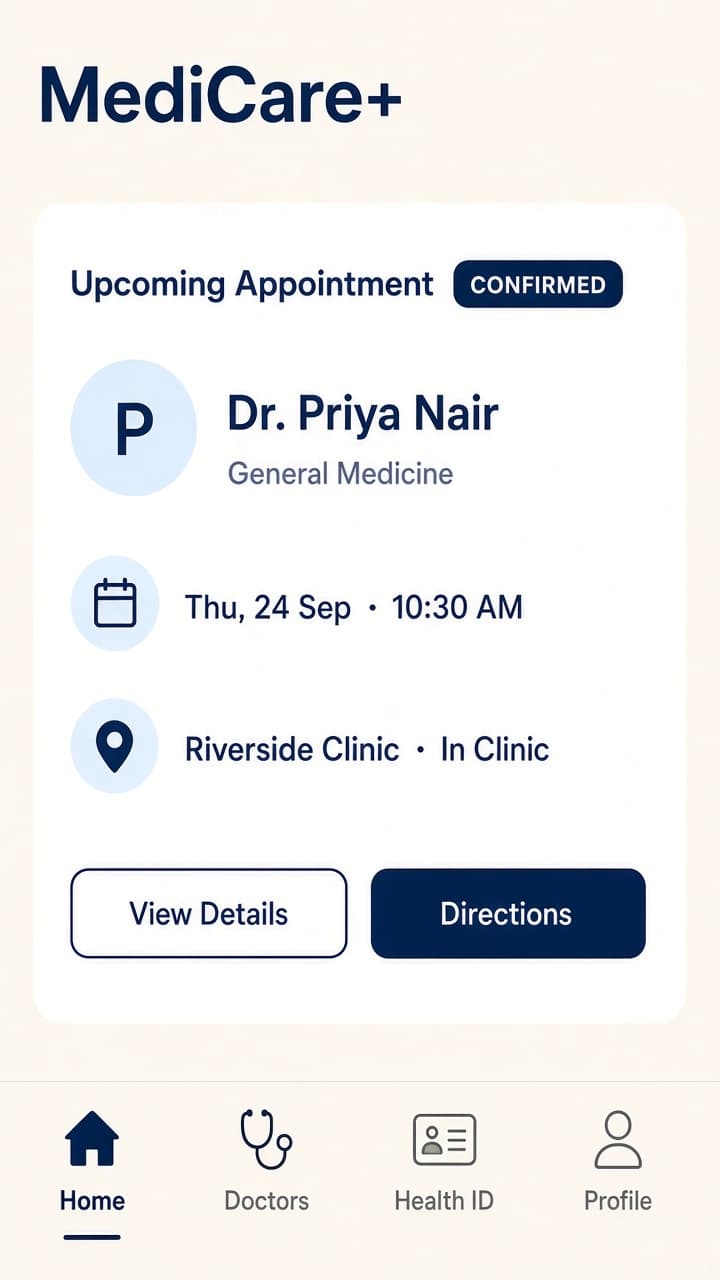 MediCare+ upcoming in-clinic visit with doctor, clinic, and time