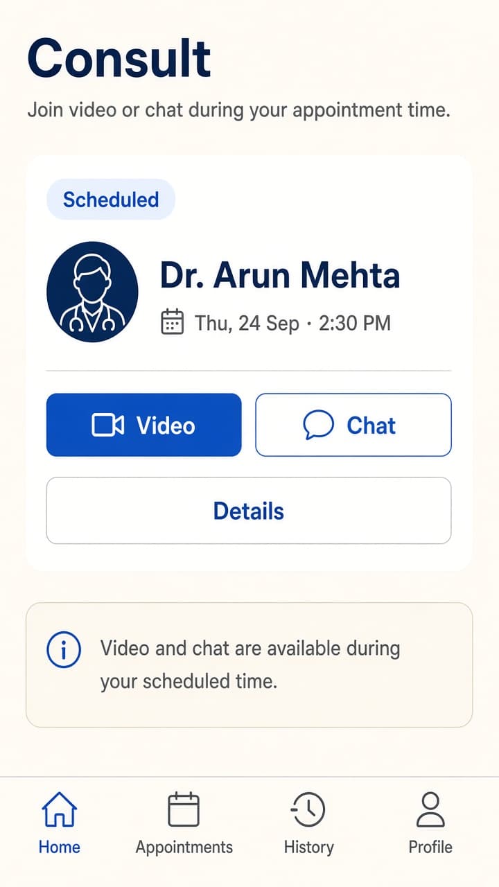 MediCare+ scheduled online consult with video, chat, and details
